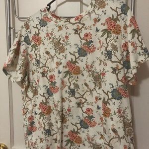 White Tee with Floral and Bird pattern
